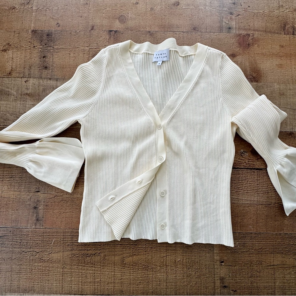 Tanya Taylor Cream Ribbed Button-Up Cardigan Bell Sleeve Detail Size MEDIUM